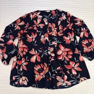 Marybelle Blue Pink Floral V Neck Long Sleeve Blouse Womens 1X